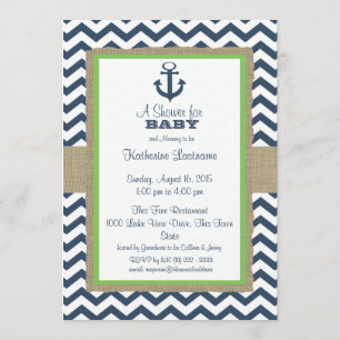 Invitation Ancre  Baby shower Blue ZigZag