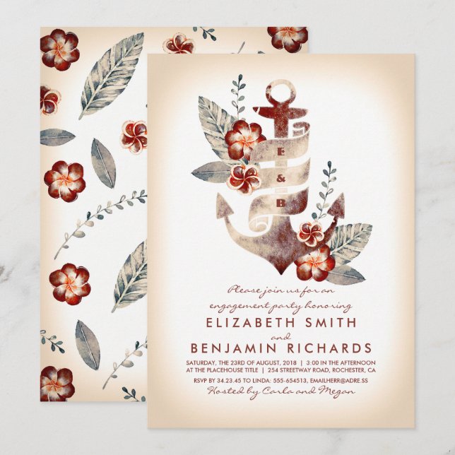 Invitation Ancre Beach Nautical Tropical Engagement Party (Devant / Derrière)