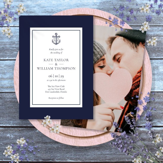 Invitation Ancre Bleu et blanc de la marine nautique Mariage  (Nautical Navy Blue And White Anchor Photo Wedding Invitation)