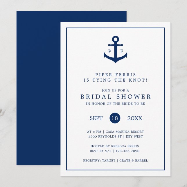 Invitation Ancre bleu marine Fête des mariées de monogramme (Devant / Derrière)
