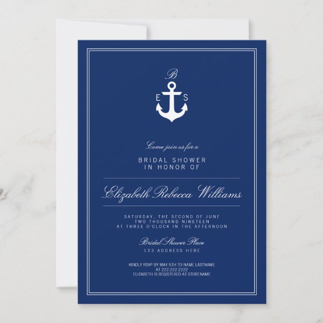 Invitation Ancre bleu marine Monogramme Fête des mariées Invi (Devant)