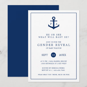 Invitation Ancre bleu marine Monogramme Révélation de genre