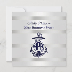 Invitation Ancre Bleue Argent Blanc Cercle Marine Monogramme 
