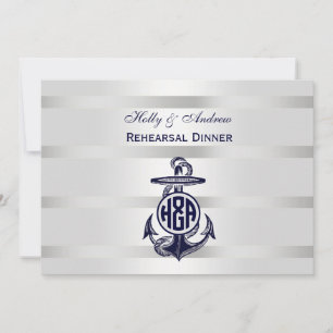 Invitation Ancre Bleue Argent Blanc Cercle Marine Monogramme 