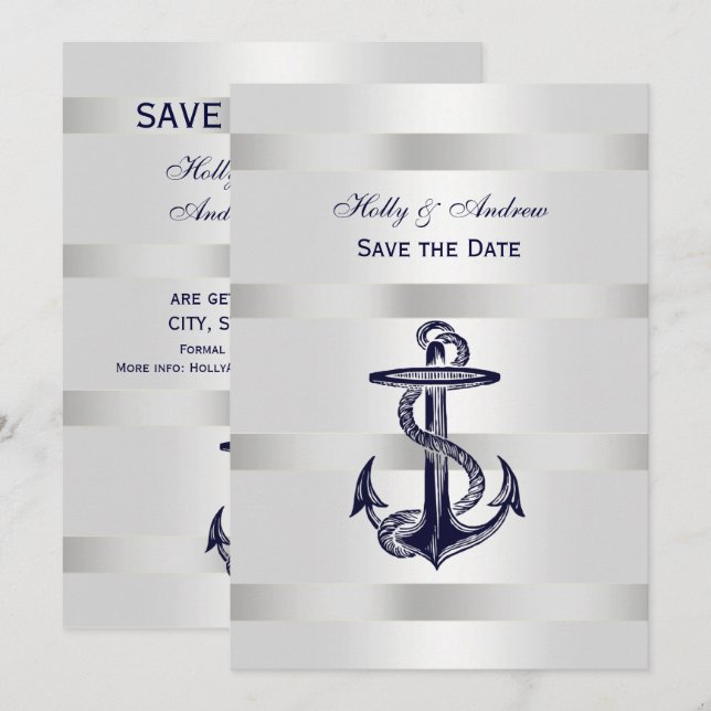 Invitation Ancre bleue marine Argent Wt BG V Enregistrer la d (Devant / Derrière)