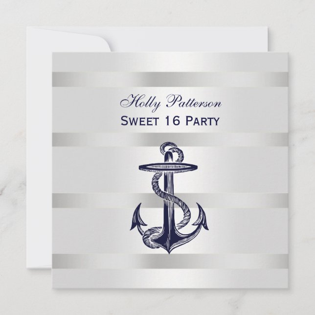 Invitation Ancre Bleue Marine Nautique Argent Wt BG SQ Sweet  (Devant)