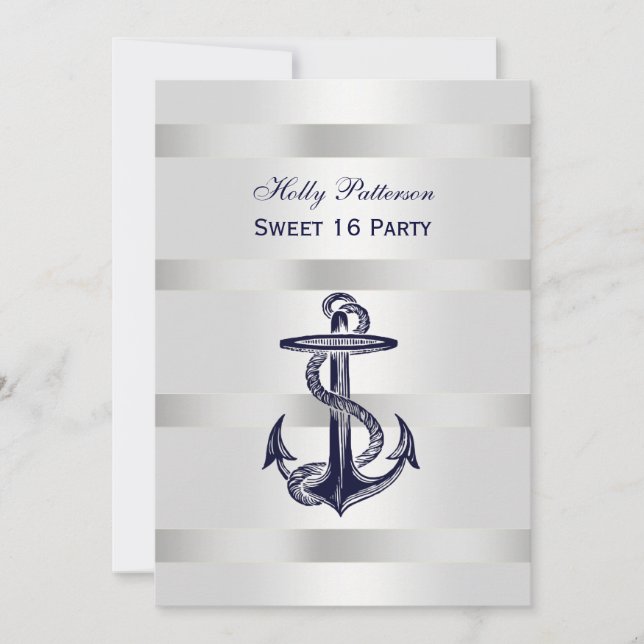 Invitation Ancre bleue marine Nautique Argent Wt BG V Sweet 1 (Devant)