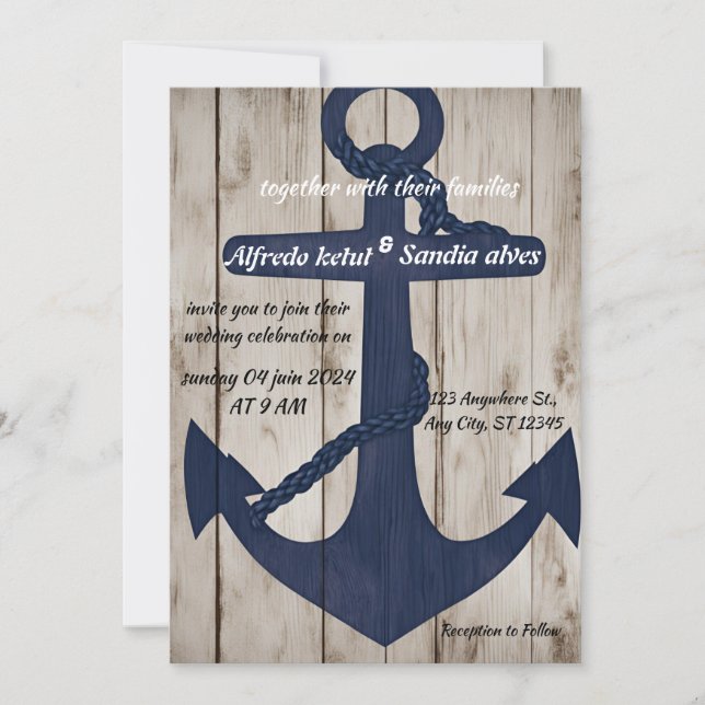 Invitation Ancre bleue Rustic Wood Marine Mariage nautique (Devant)