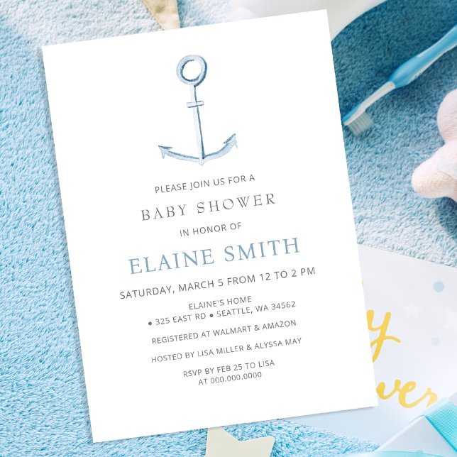 Invitation Ancre d'aquarelle Baby shower de plage bleu marine (Créateur téléchargé)