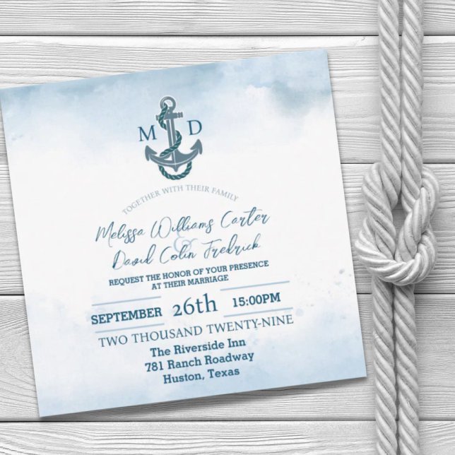 Invitation Ancre d'aquarelle bleu de plage Mariage nautique (Beach Blue Watercolor Anchor Nautical Wedding Invitation)