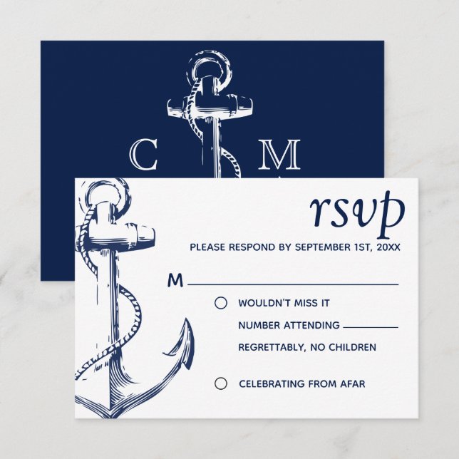 Invitation Ancre de croquis nautique de la Marine sans RSVP p (Devant / Derrière)