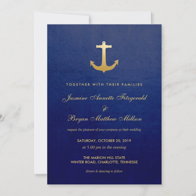 Invitation Ancre de la Marine Blue Nautical Faux Gold Foil (Devant)