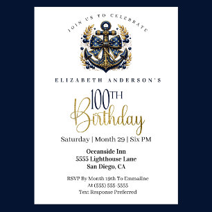 Invitation Ancre de proue nautique bleue et or 100e anniversa