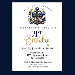 Invitation Ancre de proue nautique bleue et or 21e anniversai