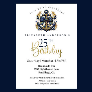 Invitation Ancre de proue nautique bleue et or 25e anniversai