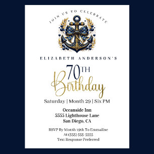 Invitation Ancre de proue nautique bleue et or 70e anniversai