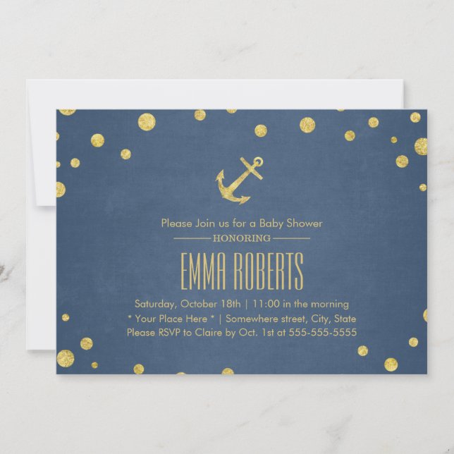 Invitation Ancre d'or bleu marine Baby shower nautique (Devant)