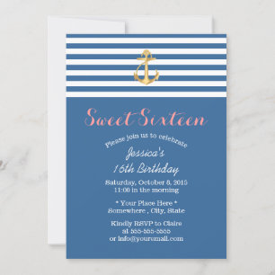 Invitation Ancre d'or bleu marine Douce 16