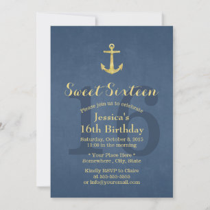 Invitation Ancre d'or bleu marine Douce 16
