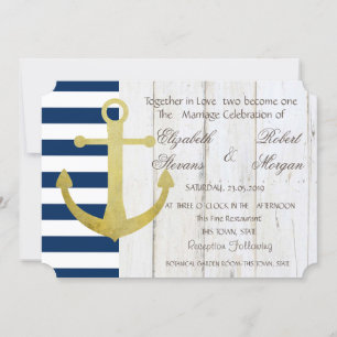 Invitation Ancre d'or de mariage de plage, Stripes, Invitatio