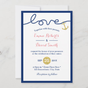 Invitation Ancre d'or Mariage nautique bleu marine