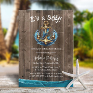 Invitation Ancre d'or nautique Baby shower Vintage Boy Boy