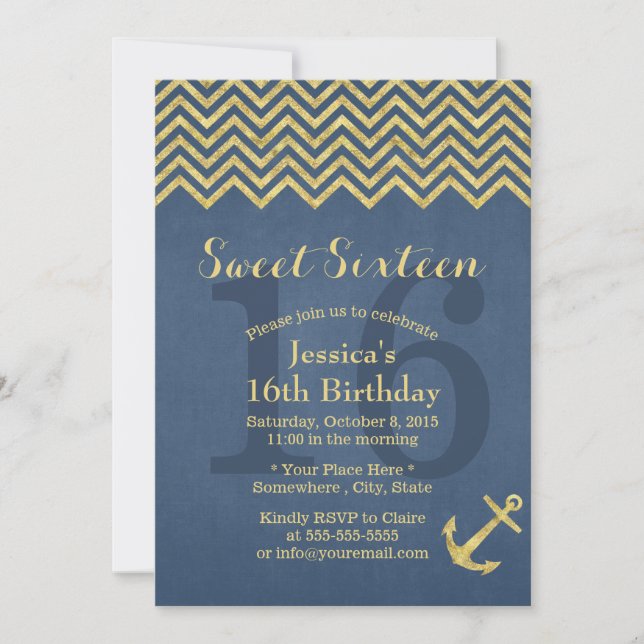 Invitation Ancre d'or nautique Chevron Stripes Sweet 16 (Devant)