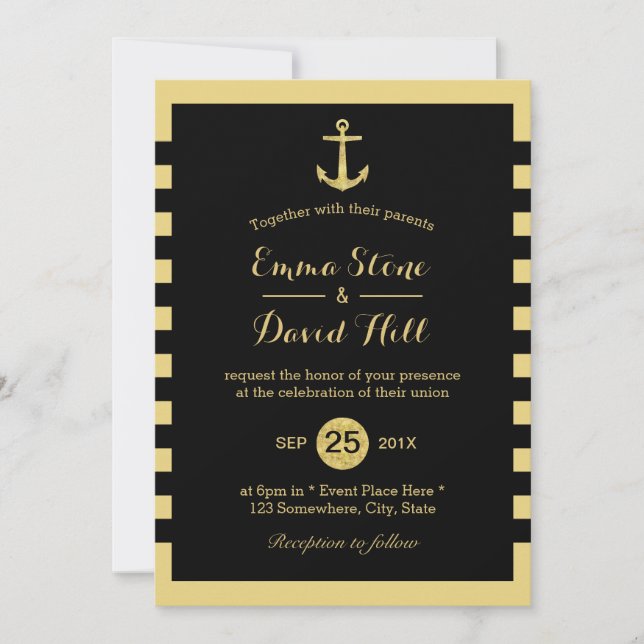 Invitation Ancre d'or nautique Mariage noir et or (Devant)