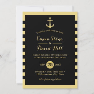 Invitation Ancre d'or nautique Mariage noir et or