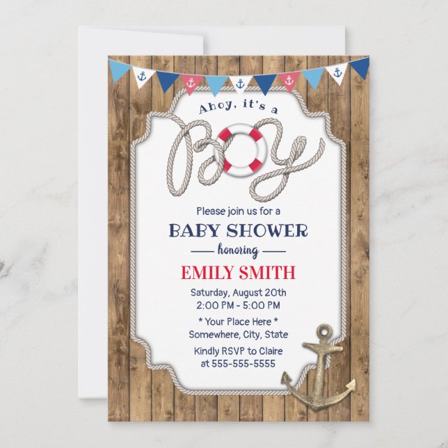 Invitation Ancre d'or rustique Baby shower de garçon nautique (Devant)