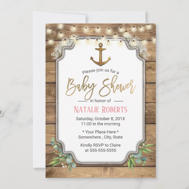 Invitation Ancre d'or rustique Éclairage Baby shower de grang (Devant)