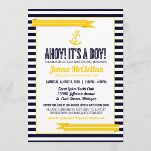 Invitation Ancre en bande marine Baby shower jaune et marine