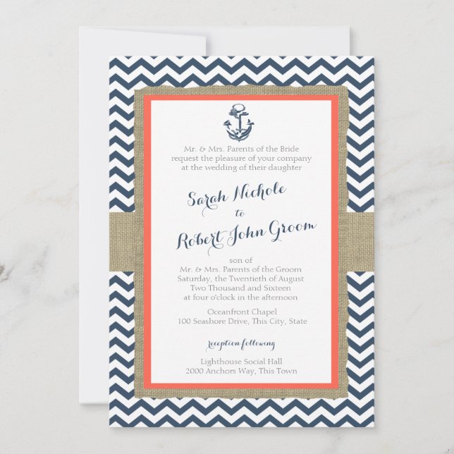 Invitation Ancre et Chevron Coral Blue Rustic Mariage (Devant)