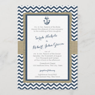 Invitation Ancre et Chevron Navy Blue Rustic Mariage