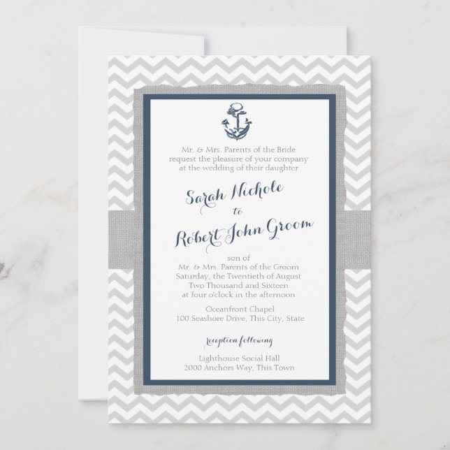 Invitation Ancre et Mariage bleu et gris Chevron Navy (Devant)