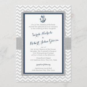 Invitation Ancre et Mariage bleu et gris Chevron Navy
