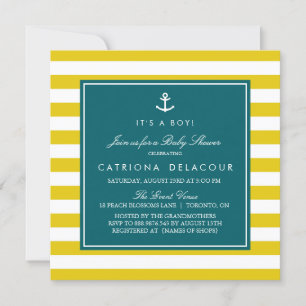 Invitation Ancre et rayures   Baby shower Turquoise et moutar