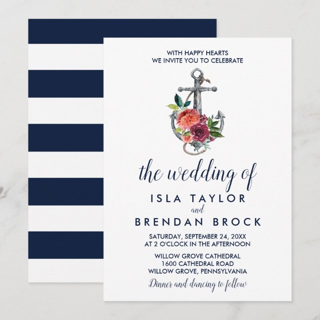 Invitation Ancre florale | Automne Le Mariage De (Devant / Derrière)