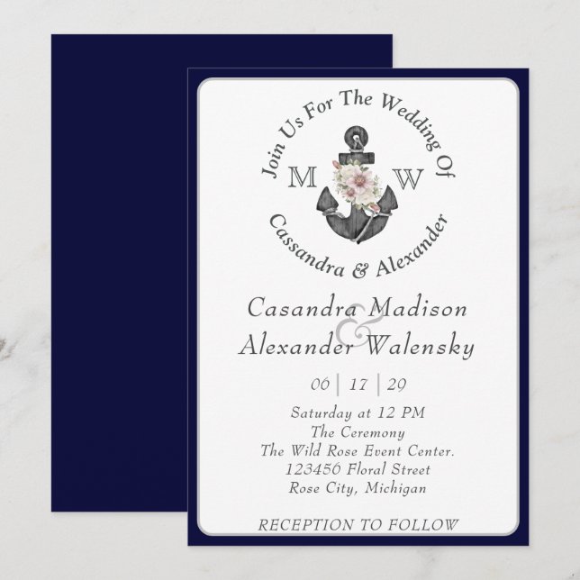 Invitation Ancre florale avec Rope Beach Mariage Marine Blue (Devant / Derrière)