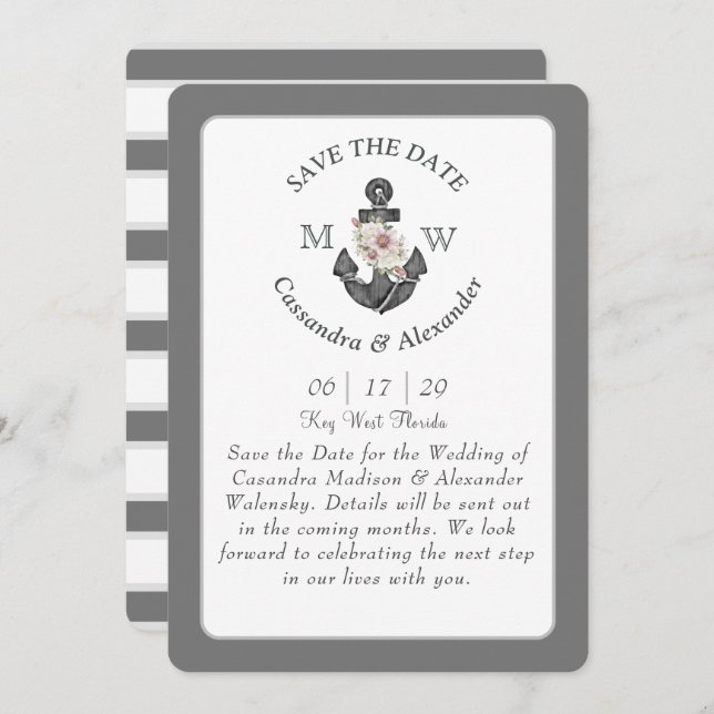 Invitation Ancre florale blanc argent gris Mariage nautique (Devant / Derrière)