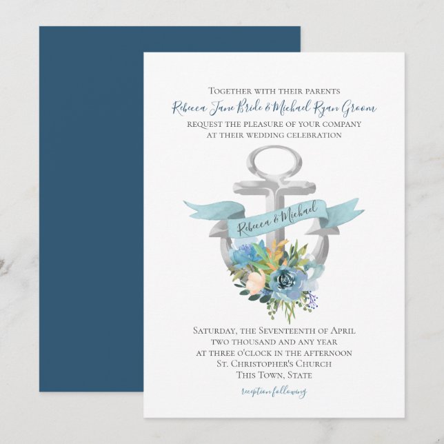 Invitation Ancre Florale Bleue Aquarelle Nautique Mariage Inv (Devant / Derrière)