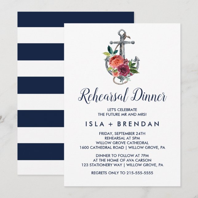 Invitation Ancre florale | Dîner de répétition d'automne (Devant / Derrière)