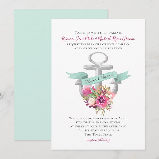 Invitation Ancre florale Mariage d'aquarelle marine (Devant / Derrière)