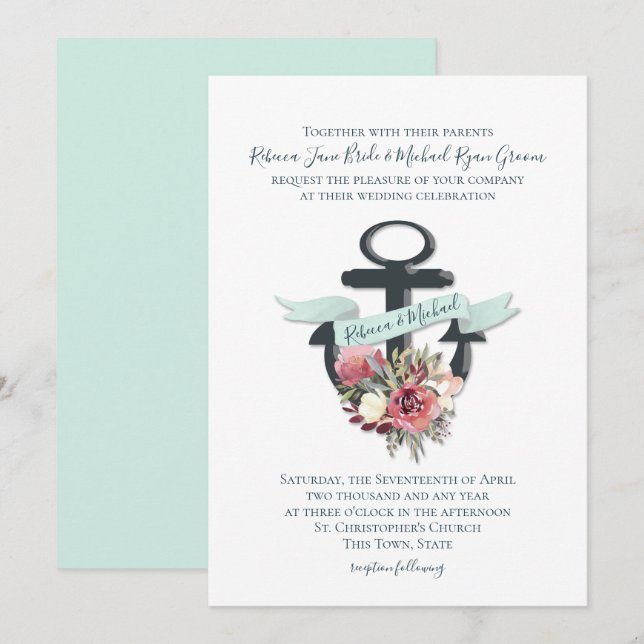 Invitation Ancre florale Mariage d'aquarelle marine (Devant / Derrière)