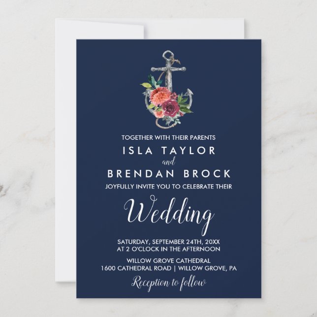 Invitation Ancre florale | Mariage d'automne de la Marine (Devant)