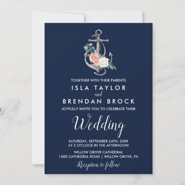 Invitation Ancre florale | Mariage d'été de la Marine (Devant)