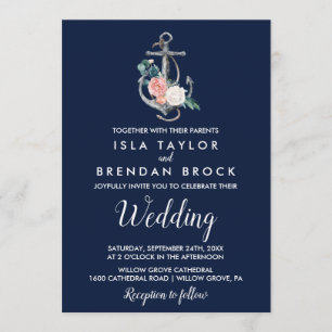 Invitation Ancre florale   Mariage d'été de la Marine