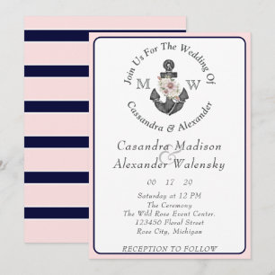 Invitation Ancre florale Mariage nautique bleu marine rose