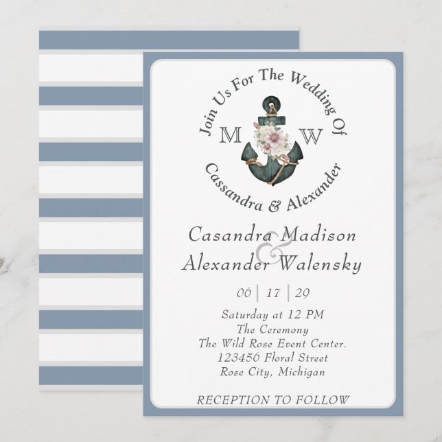 Invitation Ancre florale Mariage nautique Dusty Blue Stripe (Devant / Derrière)