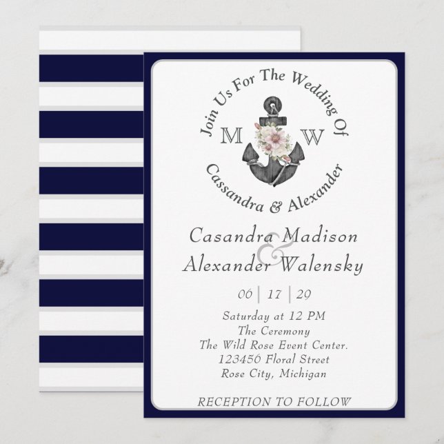 Invitation Ancre florale Mariage nautique Marine Bleu de la b (Devant / Derrière)